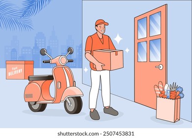 Compras en línea. Concepto de comercio electrónico. Concepto de servicio de entrega en línea. Entrega rápida a través del teléfono móvil. Marketing de smartphones y comercio electrónico. Hombre montando scooter. Ilustración de contorno de Vector.