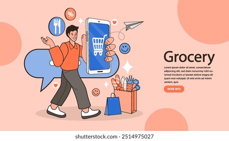 Online shopping. Ecommerce concept. Online delivery service concept. Fast delivery via mobile phone. Smartphone marketing and e-commerce. Vector outline illustration.