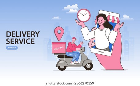 Online shopping. Ecommerce concept. Online delivery service concept. Fast delivery via mobile phone. Smartphone marketing and e-commerce. Man riding scooter. Vector outline illustration.