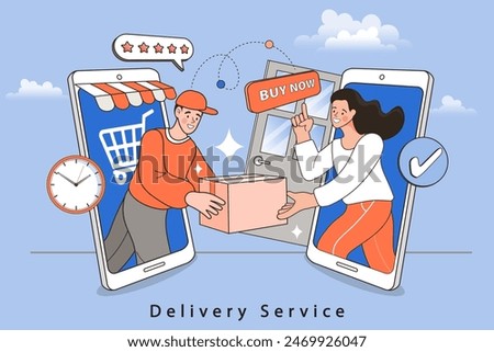 Online shopping. Ecommerce concept. Online delivery service concept. Fast delivery via mobile phone. Smartphone marketing and e-commerce. Man riding motorcycle. Vector outline illustration.
