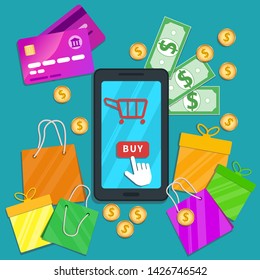 Online shopping e-commerce concept. Flat smartphone with cart icon and hand cursor pointer clicking buy button on touch screen. Table with credit cards, shopping bags, cash, coins and gift boxes.