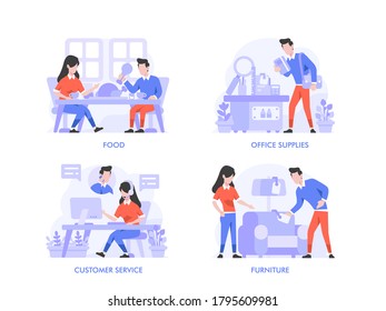 Online Shopping or Ecommerce Concept in Flat Design Style. Food, drink, eating, office supplies, stationary, customer service, furniture, lifestyle, shop, category illustration 