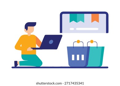 Compras en línea y concepto de comercio electrónico Ilustración vectorial plana