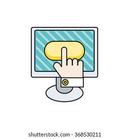 Online shopping and e-commerce concept flat style. Web payment, buy and shop, commerce technology marketing, internet shopping process of purchasing. Buy online icon. Hand push buttons on monitor