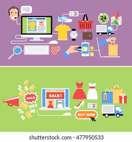 Online shopping and and e-commerce concept in flat design.