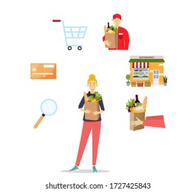 Online shopping and e-commerce concept. Girl ordering and paying food online. Application template with icons. Vector illustration. Girl with a paper bag full of food