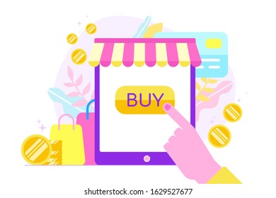 Online shopping and e-commerce concept. Hand pointing at buy button. Web money and payments. Flat style modern vector illustration