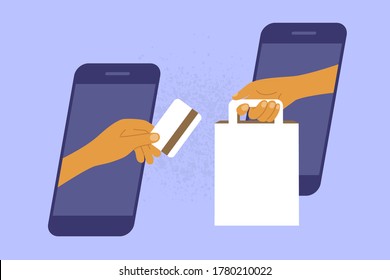 Online shopping or e-commerce concept. Human hands hold out purchase and card through smartphone screen. Payment by mobile phone. Contactless delivery order app. Internet commerce vector illustration