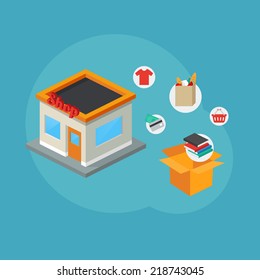 Online shopping and e-commerce concept. Isometric style, vector illustration