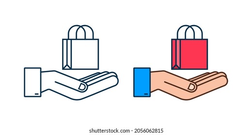 Online shopping e-commerce concept with online shopping and marketing icon. Hands holding shopping bags. Vector illustration.