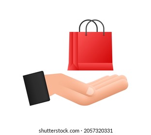 Online shopping e-commerce concept with online shopping and marketing icon. Hands holding shopping bags. Vector illustration.