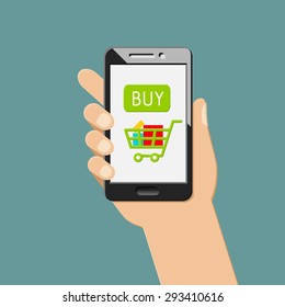 Online shopping and e-commerce concept with mobile app. Hand holding smartphone.