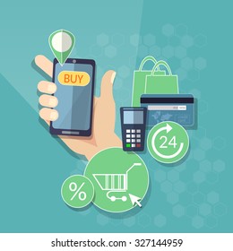 Online shopping e-commerce concept mobile shopping button web market online store man holding smart phone vector set  