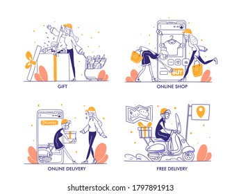 Online Shopping or Ecommerce Concept in modern Hand Drawn Design Style. Shopping bag, cart, troli, Gift, prize, online delivery, free delivery, Online payment, shop, store illustration 