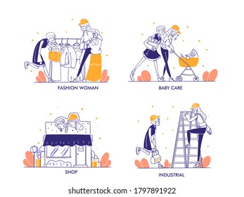 Online Shopping or Ecommerce Concept in modern Hand Drawn Design Style. Fashion woman, baby care product, carpenter, woodworking lifestyle, shop, store, category illustration 