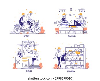 Online Shopping or Ecommerce  Concept in modern Hand Drawn Design Style. Sport, gaming, ticket, traveling, camera, photography Shopping category. Woman riding bike, playing game, airport Illustration