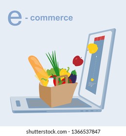 Online shopping or e-commerce concept. Opened laptop with the concept of online selling food.