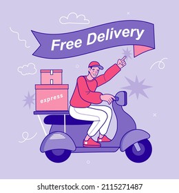 Compras en línea. Concepto de comercio electrónico. pedido de envío a tiempo, servicios de distribución rápida, retraso de envío. Ilustración de vectores de la motocicleta de un motocicleta de un hombre de reparto.