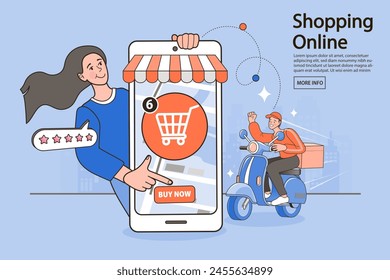 Online shopping. Ecommerce concept. order shipping on time, fast distribution services, shipment delay. Delivery Man Ride Scooter Motorcycle Cartoon outline Vector illustration.