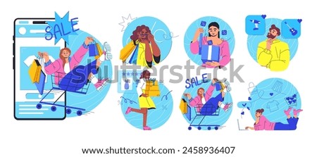 Online shopping and E-commerce concept. Sales, orders, delivery, online payment, loyalty program. People engaging in shopping activities with digital elements. Set of isolated vector illustrations