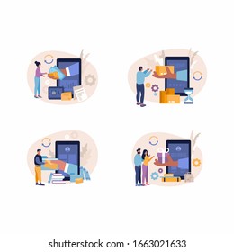 Online shopping ecommerce concept. Set of illustrations of people with devices and hands holding items. Modern illustrations of people purchasing items from store. Flat vector illustration with people