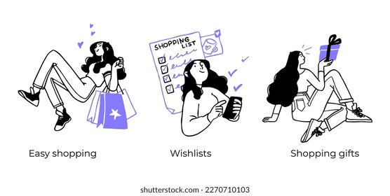 Online shopping and E-commerce concept set. Sale, orders, online payment, delivery, loyalty program. Visual stories collection