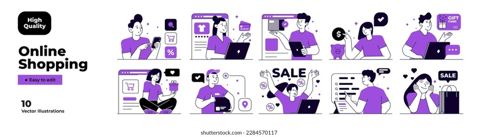 Online shopping and E-commerce concept set. Sale, orders, online payment, delivery, loyalty program. Vector Illustration