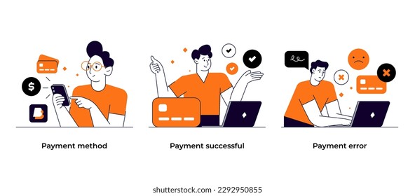 Online shopping and E-commerce concept set. Payment, Payment method, Online payment, Payment error, Loyalty program. Vector illustration