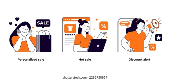 Online shopping and E-commerce concept set. Sale, Discount, Online payment, Marketing, Loyalty program. Vector illustration
