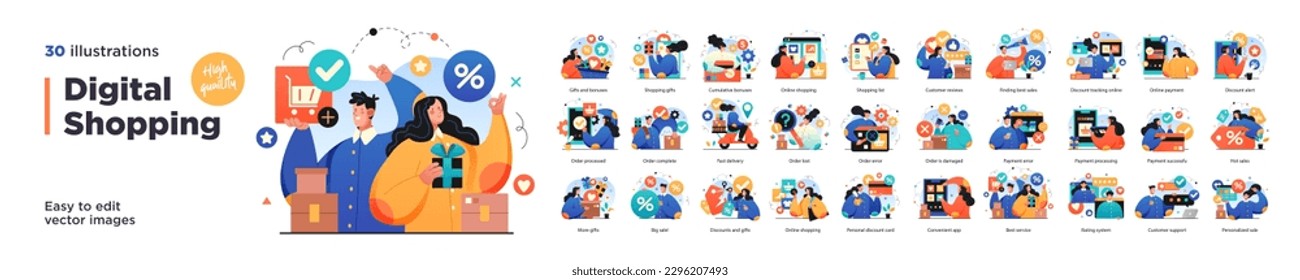 Online shopping and E-commerce concept set. Sale, orders, online payment, delivery, loyalty program. - Shutterstock ID 2296207493