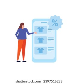 Online shopping and E-commerce concept set. Sale, orders, online payment, delivery, loyalty program.  Customer on the sale. App on mobile phone and computer.