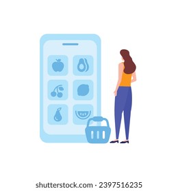 Online shopping and E-commerce concept set. Sale, orders, online payment, delivery, loyalty program.  Customer on the sale. App on mobile phone and computer.