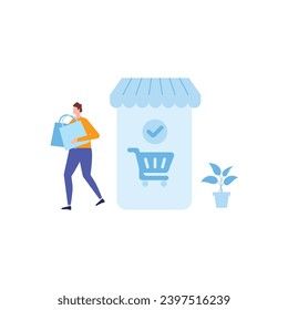 Compra en línea y conjunto de conceptos de comercio electrónico. Venta, pedidos, pago en línea, entrega, programa de fidelización.  Cliente en venta. Aplicación en teléfono móvil y computadora.