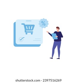 Compra en línea y conjunto de conceptos de comercio electrónico. Venta, pedidos, pago en línea, entrega, programa de fidelización.  Cliente en venta. Aplicación en teléfono móvil y computadora.