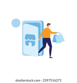 Online shopping and E-commerce concept set. Sale, orders, online payment, delivery, loyalty program.  Customer on the sale. App on mobile phone and computer.