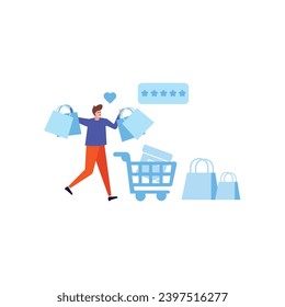 Compra en línea y conjunto de conceptos de comercio electrónico. Venta, pedidos, pago en línea, entrega, programa de fidelización.  Cliente en venta. Aplicación en teléfono móvil y computadora.