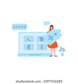 Online shopping and E-commerce concept set. Sale, orders, online payment, delivery, loyalty program.  Customer on the sale. App on mobile phone and computer.