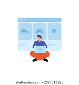 Compra en línea y conjunto de conceptos de comercio electrónico. Venta, pedidos, pago en línea, entrega, programa de fidelización.  Cliente en venta. Aplicación en teléfono móvil y computadora.