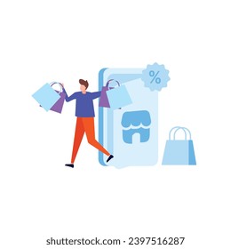 Compra en línea y conjunto de conceptos de comercio electrónico. Venta, pedidos, pago en línea, entrega, programa de fidelización.  Cliente en venta. Aplicación en teléfono móvil y computadora.