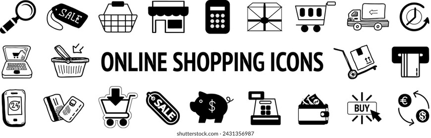 Conjunto de conceptos de compras en línea y comercio electrónico. Símbolo de comercio electrónico. Iconos sólidos vector 
