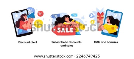Online shopping and E-commerce concept set. Sale, orders, online payment, delivery, loyalty program. Visual stories collection