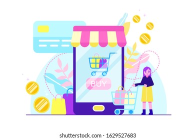 Online shopping and e-commerce concept with tiny female character. Web money and payments. Flat style modern vector illustration