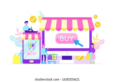 Online shopping and e-commerce concept with tiny people characters. Flat style modern vector illustration