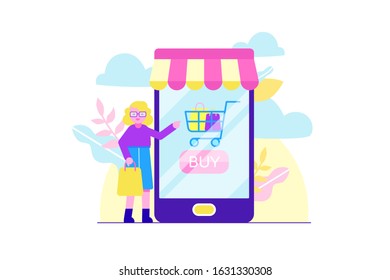 Online shopping and e-commerce concept with tiny female character and smartphone. Flat style modern vector illustration