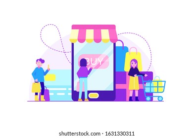 Online shopping and e-commerce concept with tiny people characters and smartphone. Web money and payments. Flat style modern vector illustration