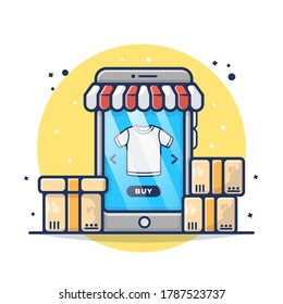 Compras en línea, e-Commerce Concept Vector Illustración. Configura Laptop, Tienda, Comercio Electrónico, Mercado.  Estilo de caricatura plana adecuado para adhesivos, fondos de escritorio, iconos, etc.