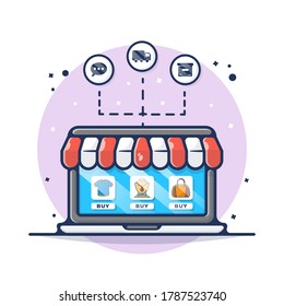 Online Shopping, E-Commerce Concept Vector Illustration. Set Laptop, Shop, E-Commerce, Market.  Flat Cartoon Style Suitable for Sticker, Wallpaper, Icon, etc.