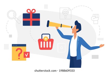 Ilustración vectorial de concepto de ecommerce de compras en línea. Caricaturista hombre personaje comprador con telescopio buscando ofertas de descuento, regalo de compra, cesta de compras, iconos de preguntas de ventana de magnificación