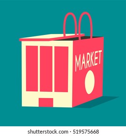 Online shopping and e-commerce concept. Vector flat illustration. Isolated on background. Metaphor. Market and shopping bag