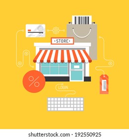 Online shopping and e-commerce concept, web store market with purchasing product process via internet. Flat design style modern vector illustration. Isolated on stylish background.